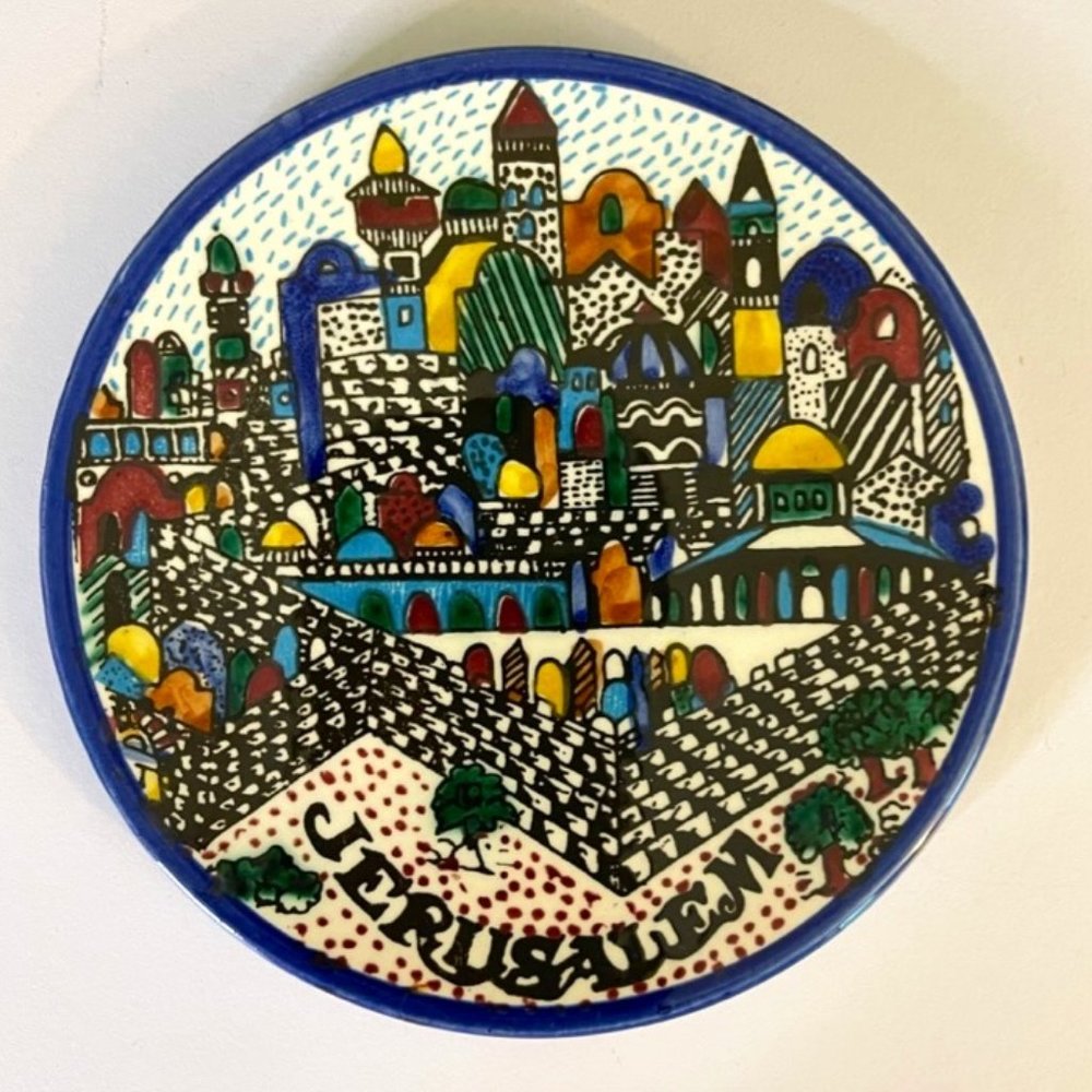 Vtg Hand Painted JERUSALEM Pottery Ceramic Wall Plate- Vibrant Colors